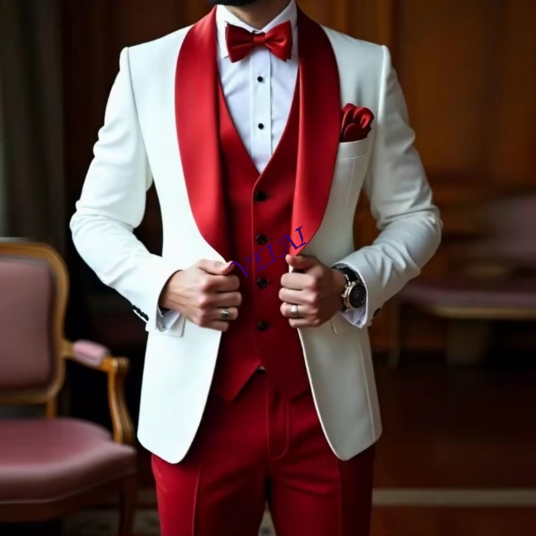 Men'S Grooming Daily - CustomizedNew White And Red Men Suit